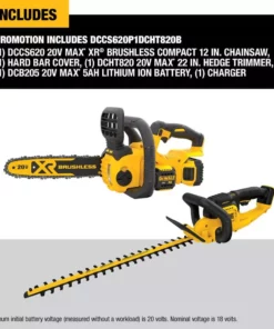 DEWALT 20V MAX 12 in. Brushless Cordless Battery Powered Chainsaw Kit & Hedge Trimmer with (1) 5.0 Ah Battery & Charger