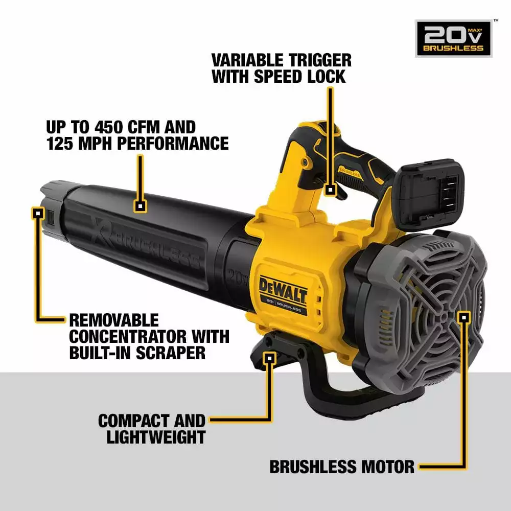 DEWALT 20V MAX 125 MPH 450 CFM Cordless Brushless Battery Powered Handheld Leaf Blower (Tool Only) - Image 2