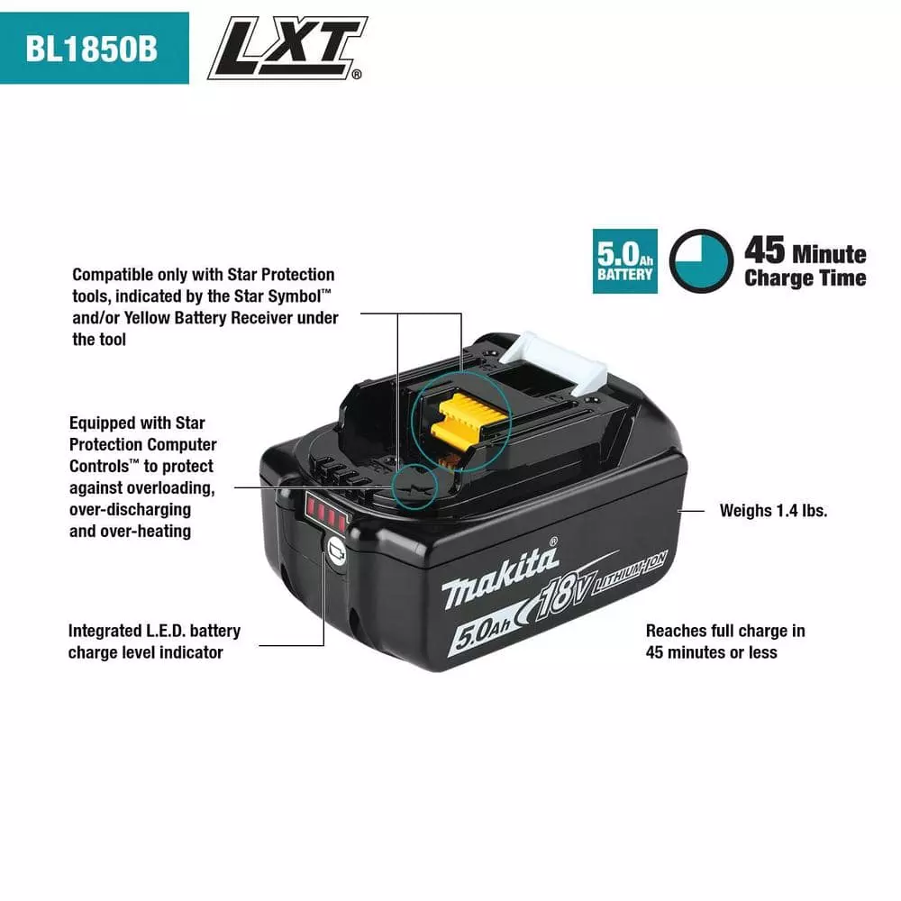 Makita 18V LXT Lithium-Ion Battery and Rapid Optimum Charger Starter Pack (5.0Ah) - Image 2