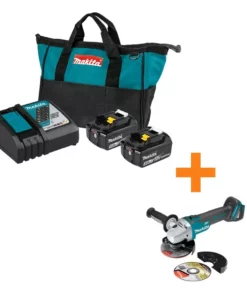 Makita 18-Volt LXT Battery and Rapid Optimum Charger Starter Pack (5.0Ah) with bonus 18V LXT Brushless Cut-Off/Angle Grinder