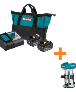 Makita 18-Volt LXT Battery and Rapid Optimum Charger Starter Pack (5.0Ah) with bonus 18V LXT Brushless Compact Router