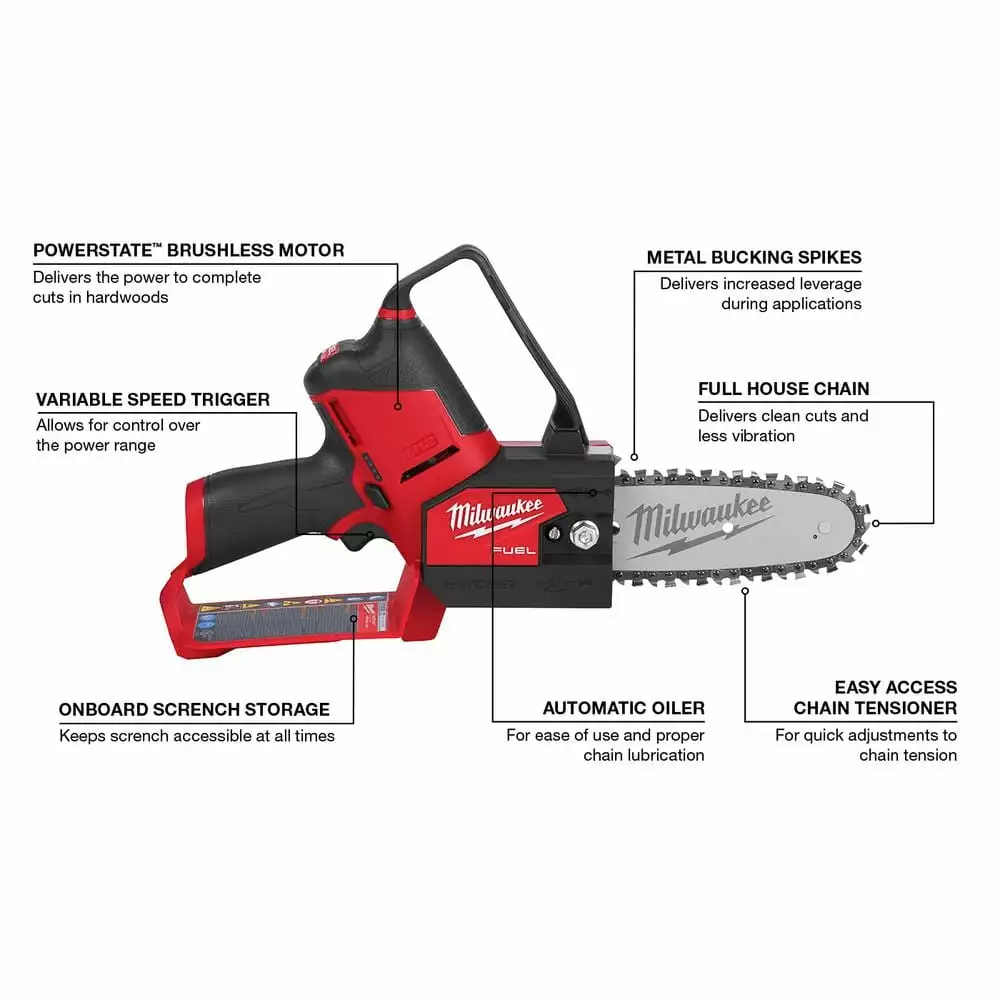 Milwaukee M12 FUEL 6 in. 12-Volt Brushless Cordless Electric Cordless Chainsaw Tool Only Extra 6 in. Chain & Tinted Safety Glasses - Image 2