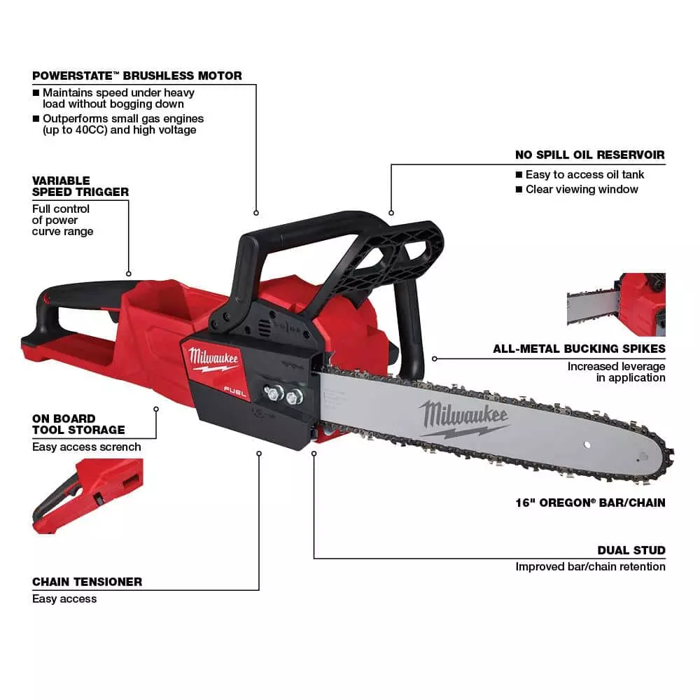 Milwaukee M18 FUEL 18-Volt Lithium-Ion Brushless Cordless 16 in. Chainsaw W/ M18 5.0Ah Battery - Image 3