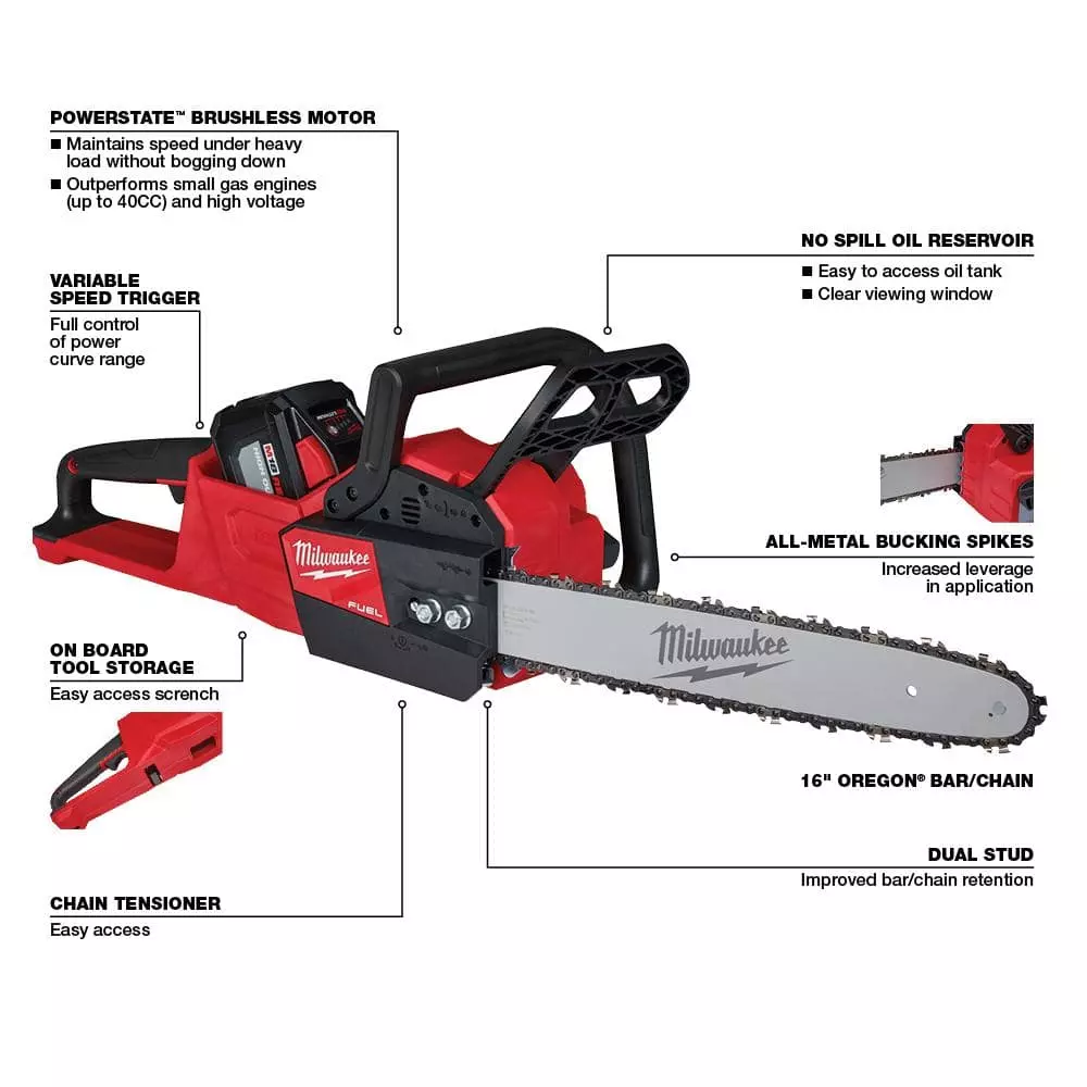 Milwaukee M18 FUEL 16 in. 18-Volt Lithium-Ion Battery Brushless Cordless Chainsaw Kit with 12.0 Ah Battery and M18 Rapid Charger - Image 3