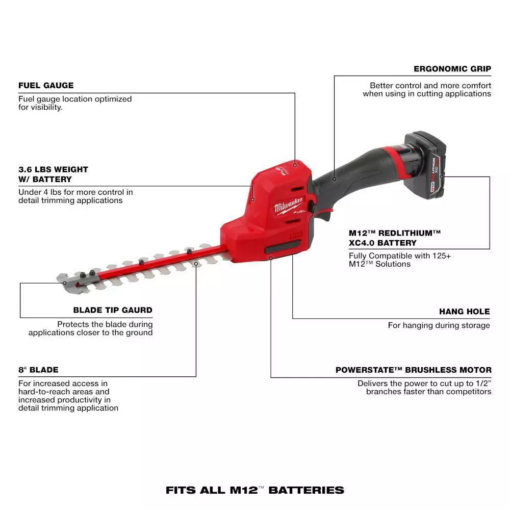 Milwaukee M12 FUEL 8 in. 12V Lithium-Ion Brushless Cordless Hedge Trimmer Kit with M18 FUEL 24 in. Hedge Trimmer (2-Tool) - Image 2