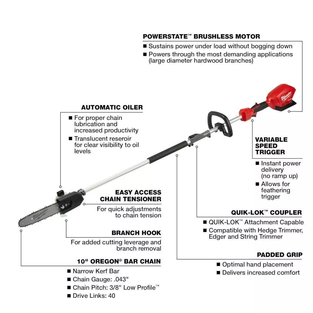 Milwaukee M18 FUEL 10 in. 18V Lithium-Ion Brushless Electric Cordless Pole Saw & M18 FUEL 24 in. Hedge Trimmer Combo Kit (2-Tool) - Image 2