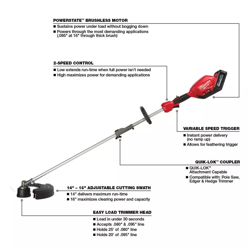 Milwaukee M18 FUEL 18V Lithium-Ion Brushless Cordless Quik-Lok String Trimmer with 8.0 Ah Battery & 5.0 Ah Battery - Image 2