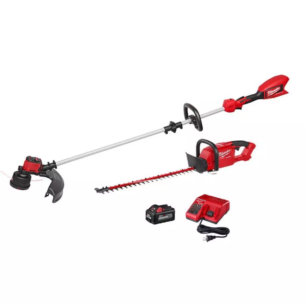 Milwaukee M18 18V Lithium-Ion Brushless Cordless String Trimmer, 6.0 Ah Battery, Charger and M18 FUEL Hedge Trimmer Combo Kit