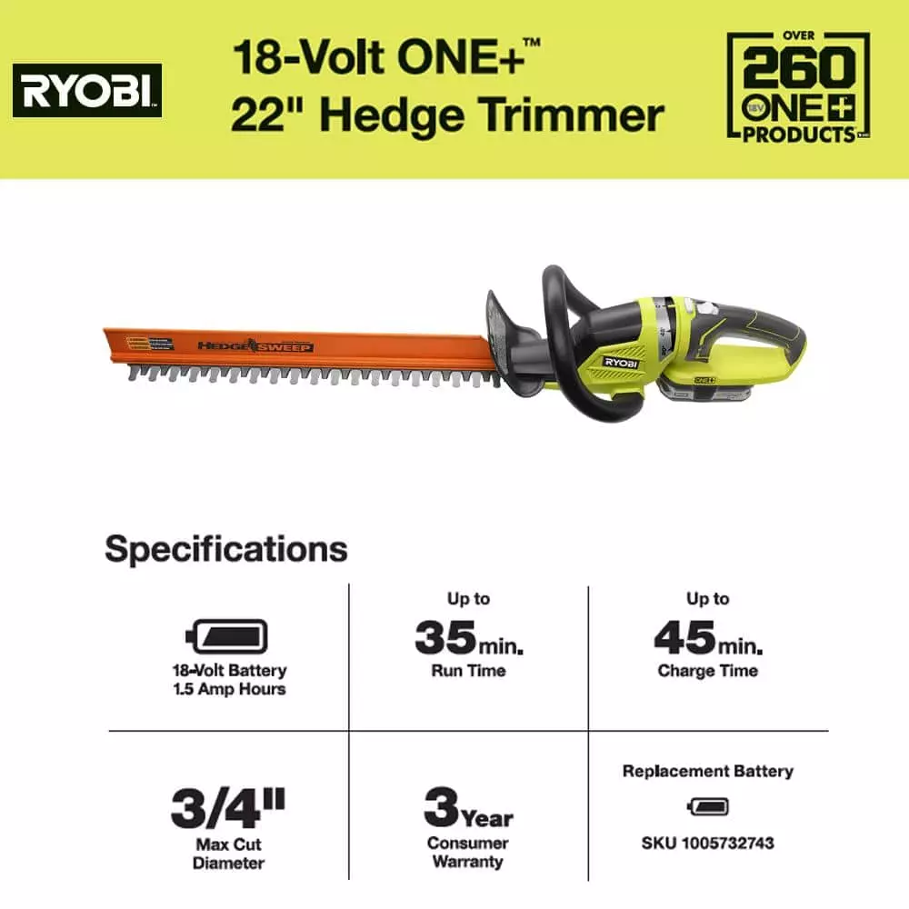 RYOBI ONE+ 18V 22 in. Cordless Battery Hedge Trimmer with 1.5 Ah Battery and Charger - Image 7