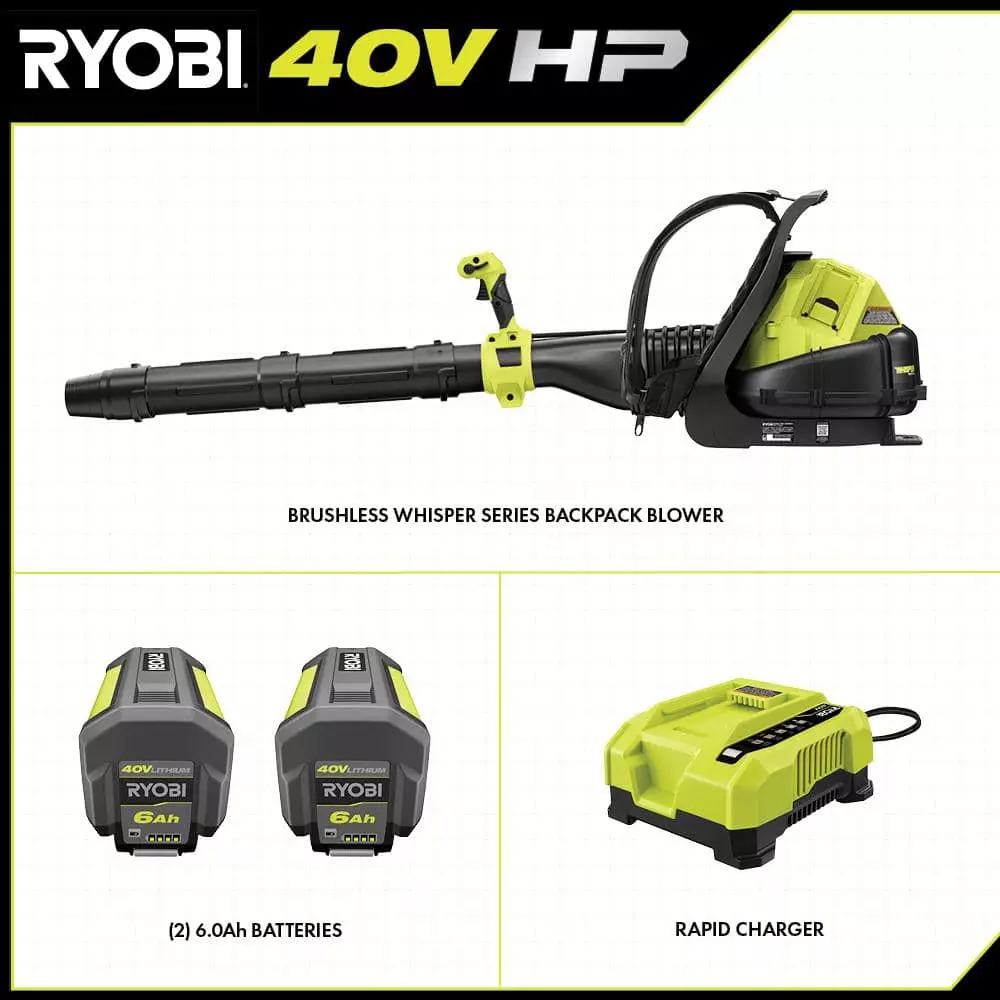 RYOBI 40V HP Brushless Whisper Series 165 MPH 730 CFM Cordless Battery Backpack Blower with (2) 6.0 Ah Batteries and Charger - Image 3