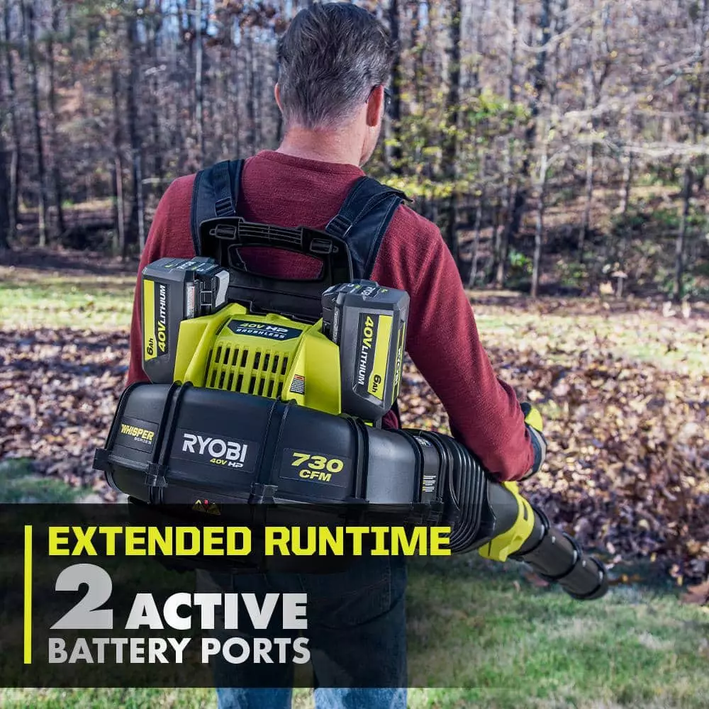 RYOBI 40V HP Brushless Whisper Series 165 MPH 730 CFM Cordless Battery Backpack Blower with (2) 6.0 Ah Batteries and Charger - Image 9