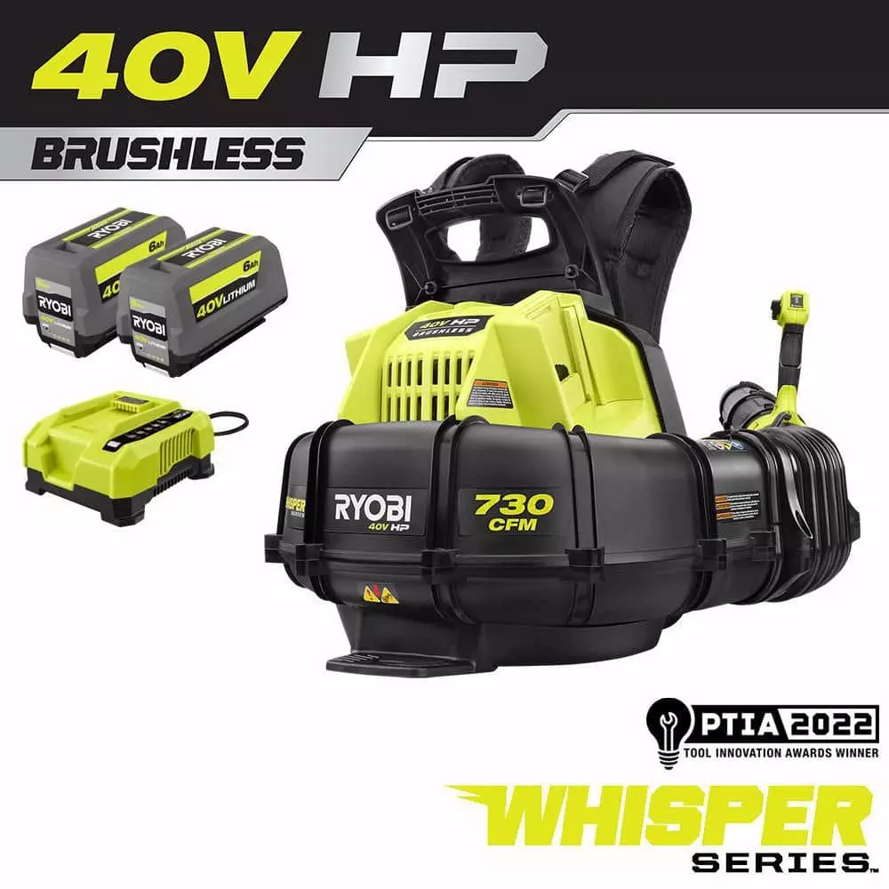 RYOBI 40V HP Brushless Whisper Series 165 MPH 730 CFM Cordless Battery Backpack Blower with (2) 6.0 Ah Batteries and Charger