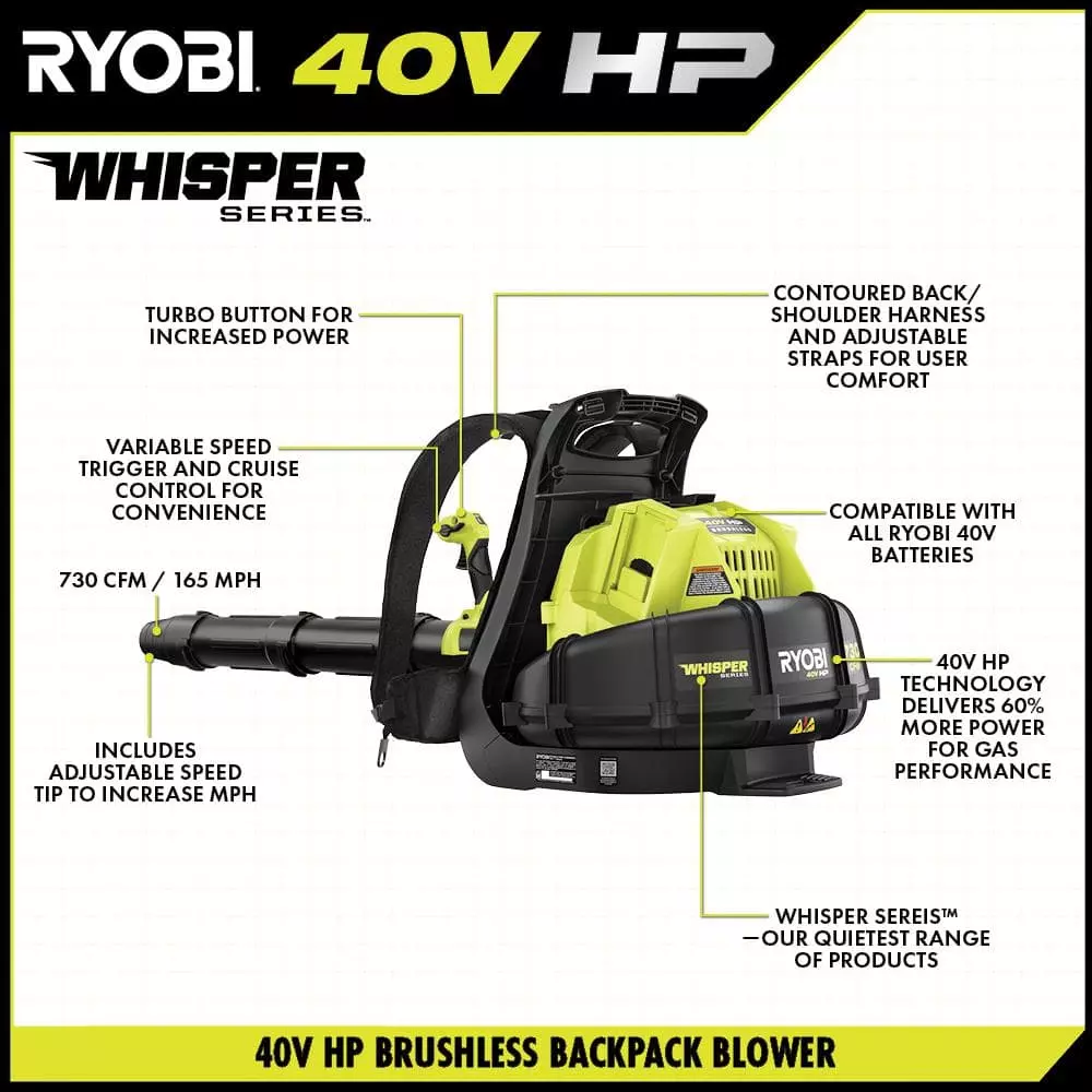 RYOBI 40V HP Brushless Whisper Series 165 MPH 730 CFM Cordless Battery Backpack Blower with (2) 6.0 Ah Batteries and Charger - Image 4