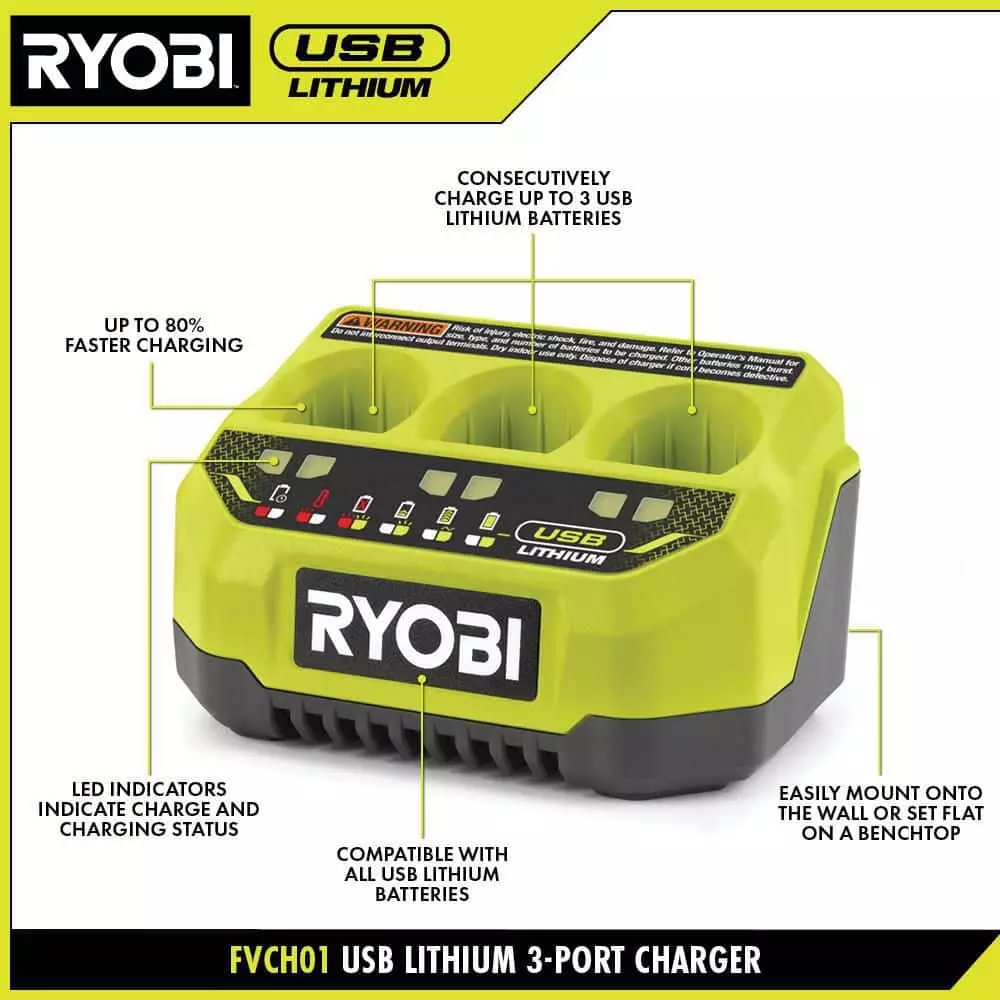 RYOBI USB Lithium 3-Port Charger with USB Lithium 2.0 Ah Lithium-ion Rechargeable Battery - Image 3