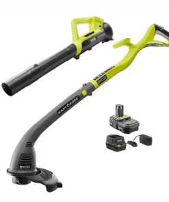 RYOBI ONE+ 18V Cordless String Trimmer/Edger and Blower/Sweeper Combo Kit with 2.0 Ah Battery and Charger