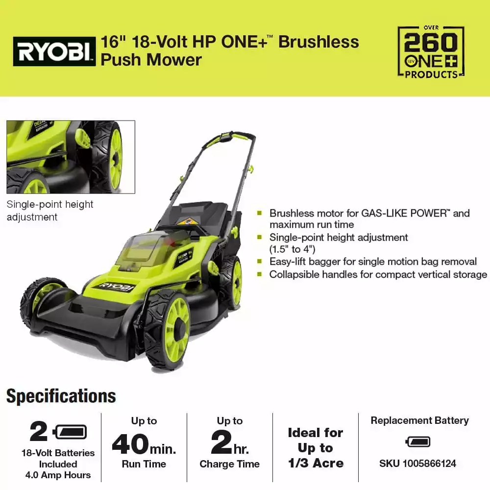 RYOBI ONE+ HP 18V Brushless 16 in. Cordless Battery Walk Behind Push Lawn Mower with (2) 4.0 Ah Batteries and (1) Charger - Image 8