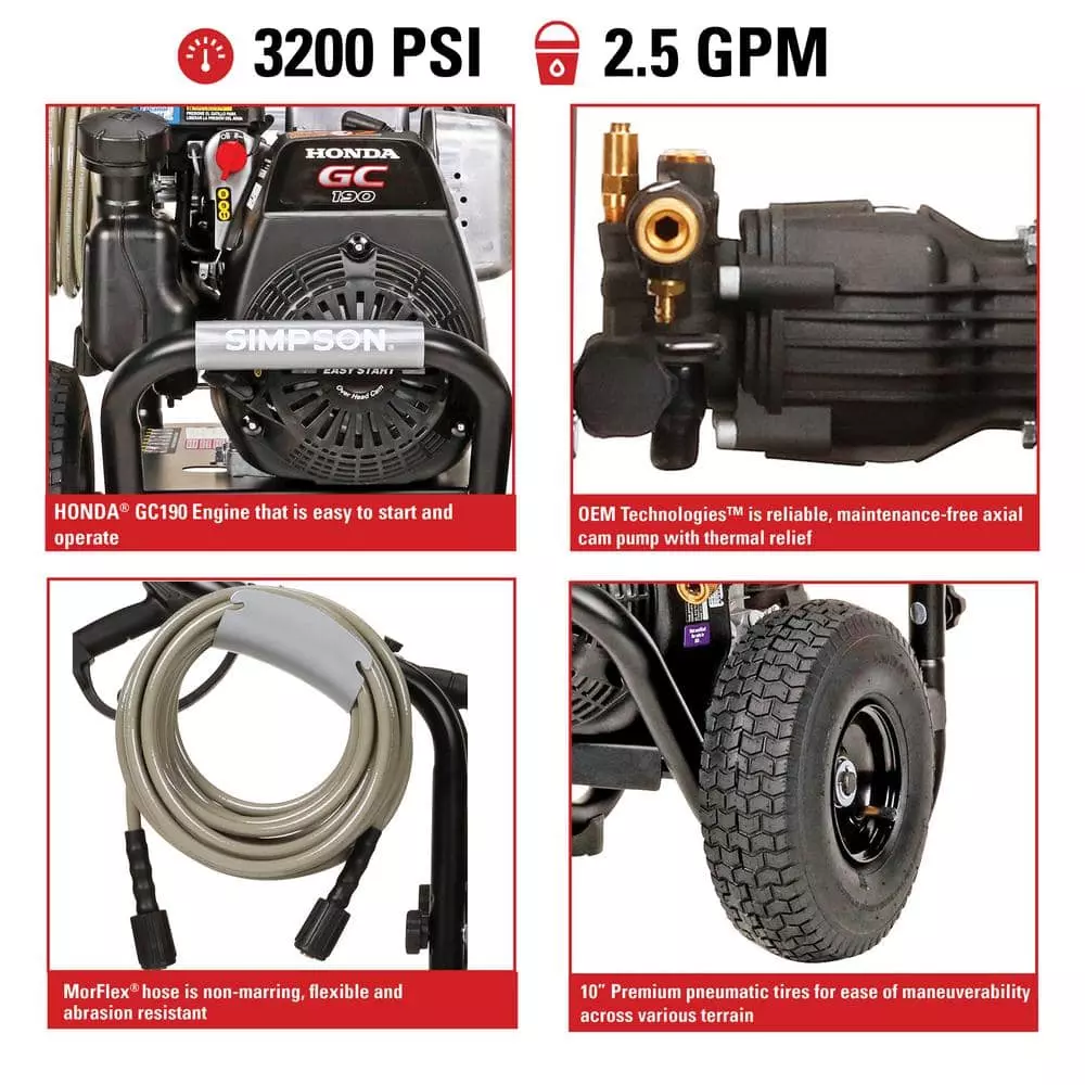 SIMPSON MegaShot 3200 PSI 2.5 GPM Gas Cold Water Pressure Washer with HONDA GC190 Engine (49-State) - Image 14